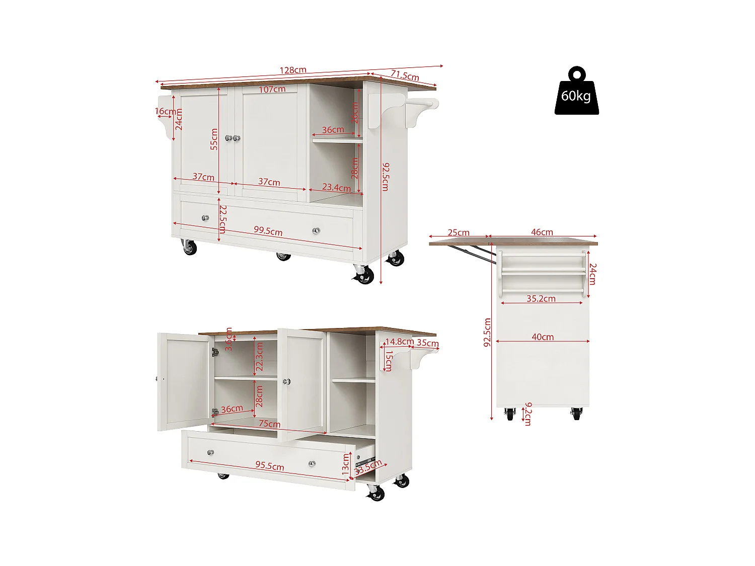 Chariot de cuisine avec portes à rayures, table extensible avec rangement, MDF, blanc (128x40x93 cm)