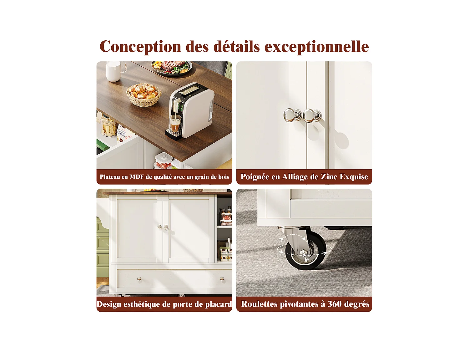 Chariot de cuisine avec portes à rayures, table extensible avec rangement, MDF, blanc (128x40x93 cm)