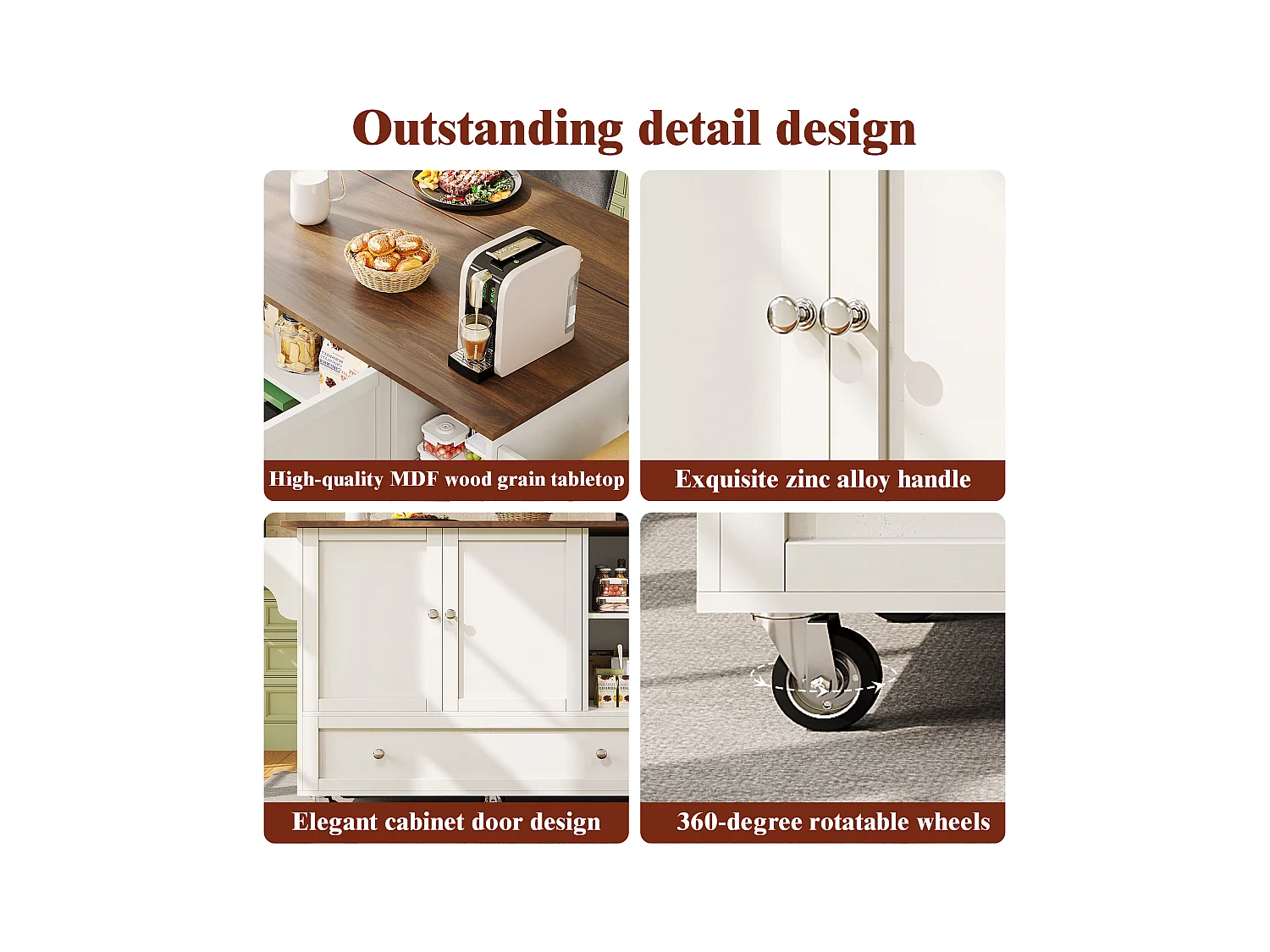 Chariot de cuisine avec portes à rayures, table extensible avec rangement, MDF, blanc (128x40x93 cm)