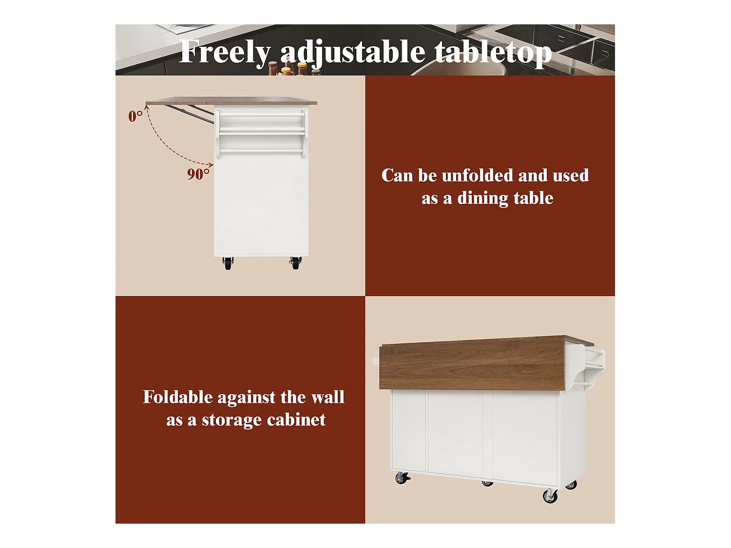 Chariot de cuisine avec portes à rayures, table extensible avec rangement, MDF, blanc (128x40x93 cm)