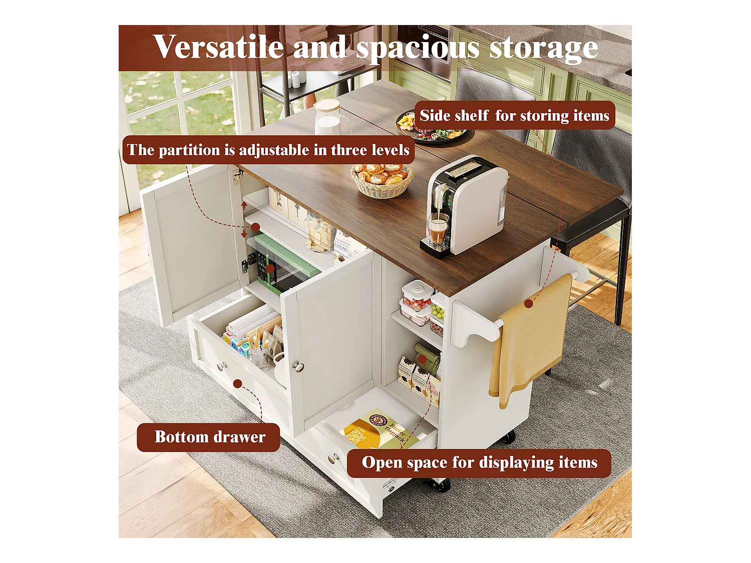 Chariot de cuisine avec portes à rayures, table extensible avec rangement, MDF, blanc (128x40x93 cm)