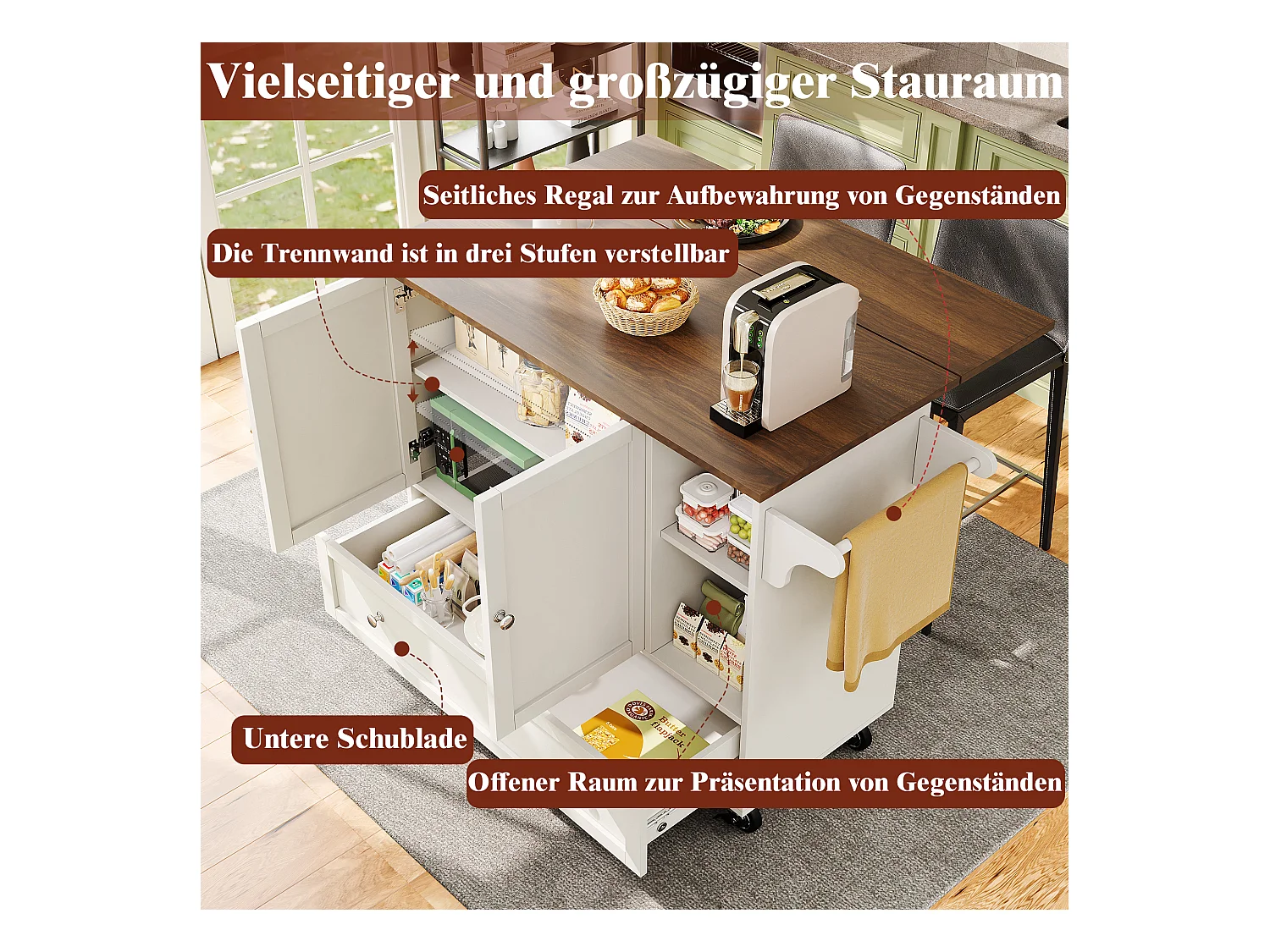 Chariot de cuisine avec portes à rayures, table extensible avec rangement, MDF, blanc (128x40x93 cm)