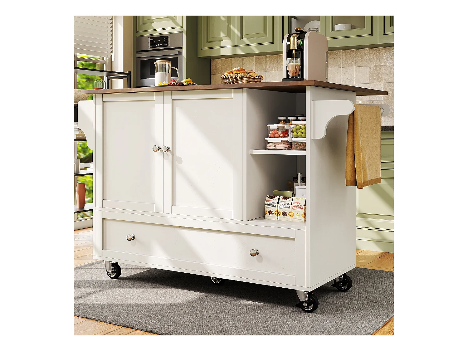Chariot de cuisine avec portes à rayures, table extensible avec rangement, MDF, blanc (128x40x93 cm)