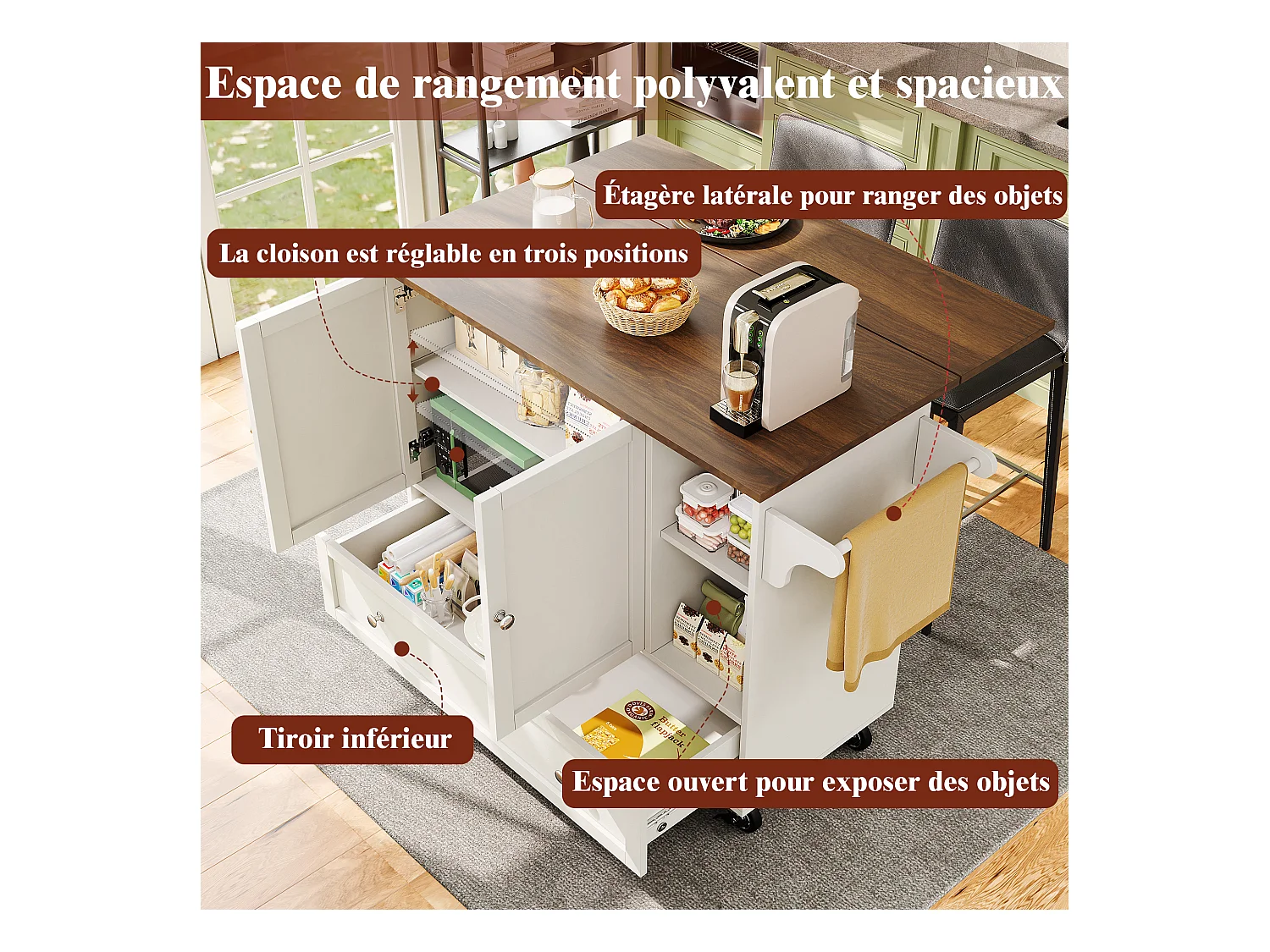 Chariot de cuisine avec portes à rayures, table extensible avec rangement, MDF, blanc (128x40x93 cm)