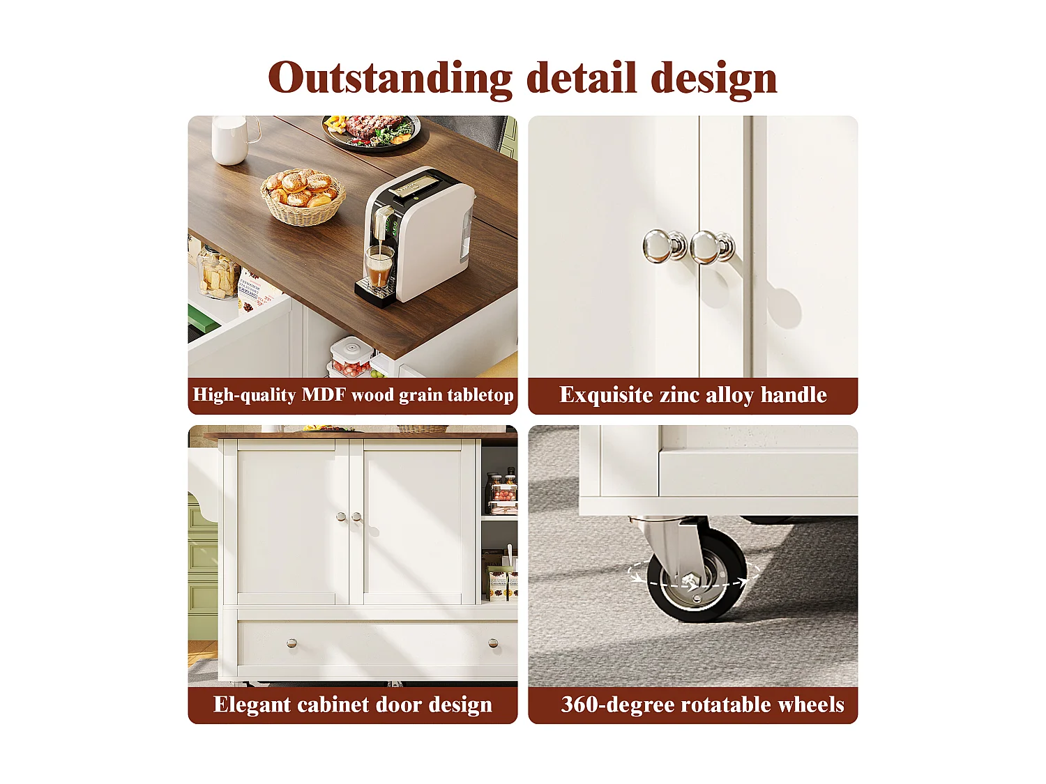 Chariot de cuisine avec portes à rayures, table extensible avec rangement, MDF, blanc (128x40x93 cm)