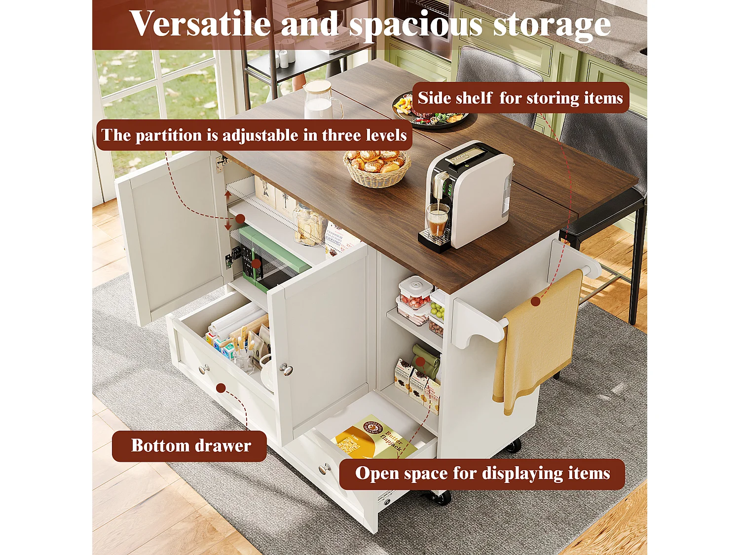 Chariot de cuisine avec portes à rayures, table extensible avec rangement, MDF, blanc (128x40x93 cm)