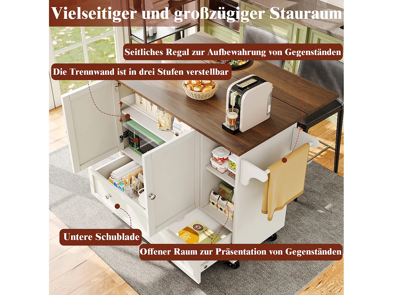 Chariot de cuisine avec portes à rayures, table extensible avec rangement, MDF, blanc (128x40x93 cm)