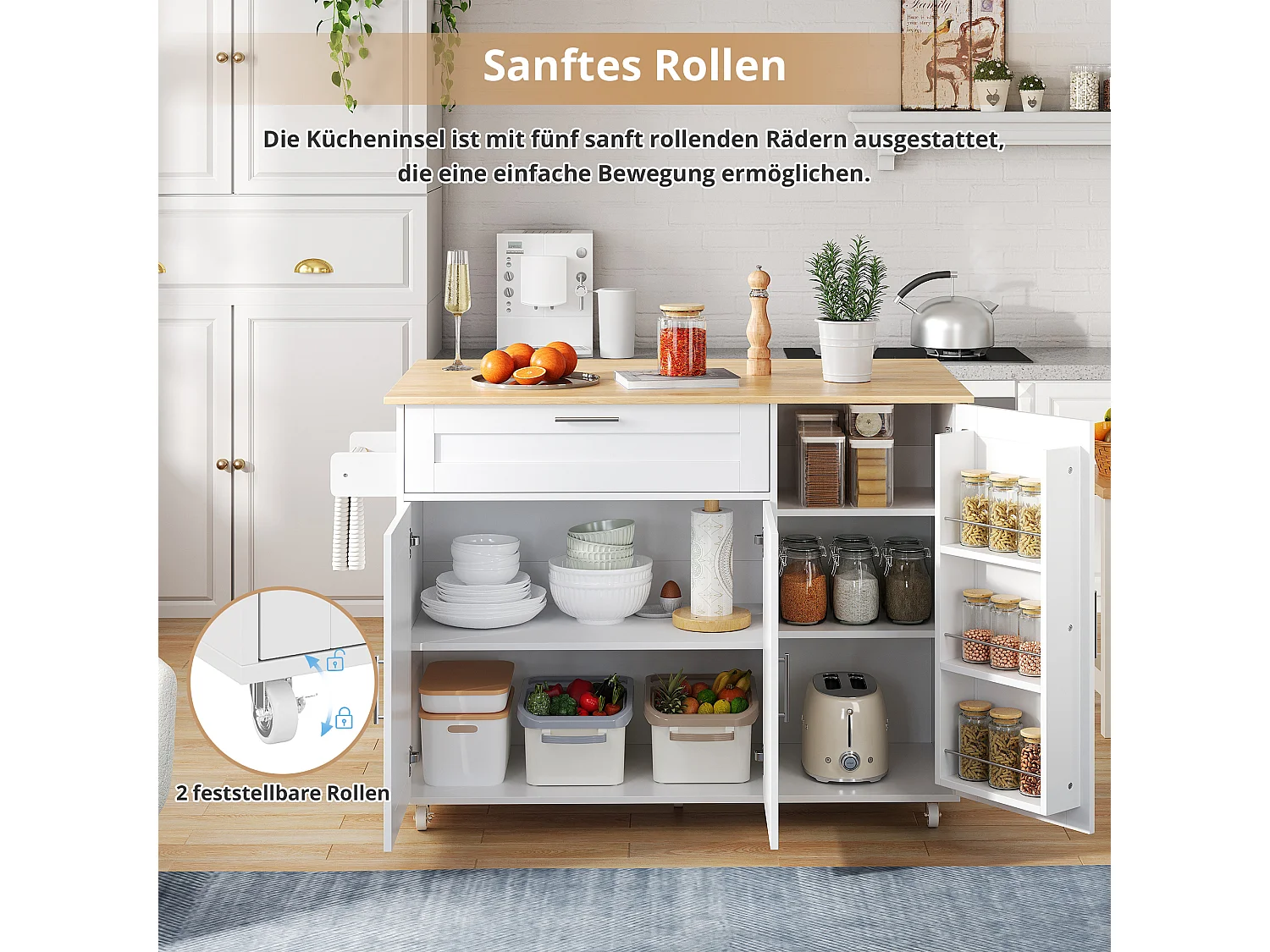 Chariot de cuisine mobile, plateau rabattable, 2 tiroirs, roulettes, bois naturel et blanc (L132.5 x P44(70) x H90 cm)