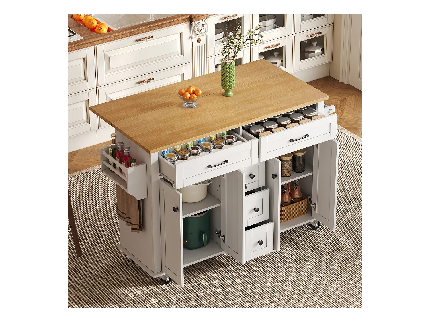 Multifunctionele keukentrolley, opklapbaar werkblad, 5 lades, planken, kruidenrek, MDF, wit en naturel (140x65x89 cm)