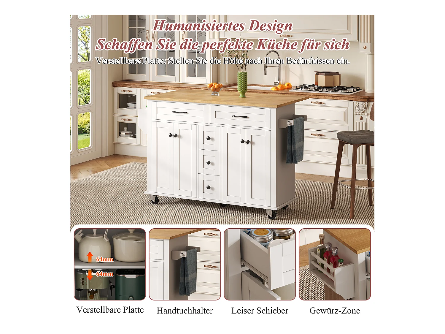 Multifunctionele keukentrolley, opklapbaar werkblad, 5 lades, planken, kruidenrek, MDF, wit en naturel (140x65x89 cm)