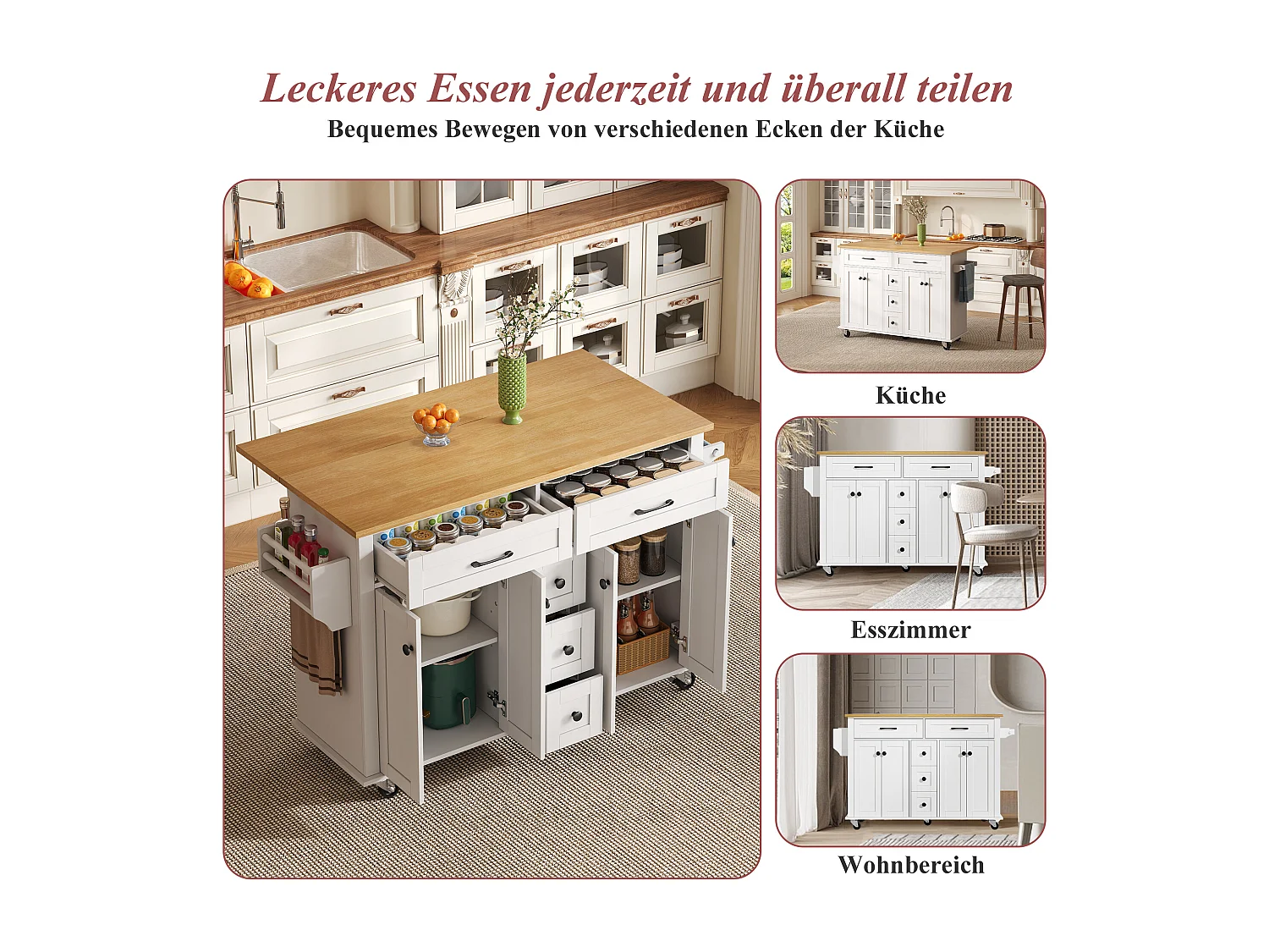 Multifunctionele keukentrolley, opklapbaar werkblad, 5 lades, planken, kruidenrek, MDF, wit en naturel (140x65x89 cm)