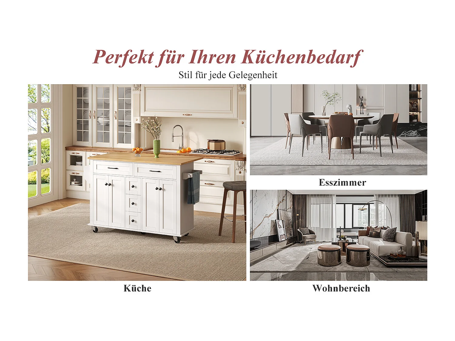 Multifunctionele keukentrolley, opklapbaar werkblad, 5 lades, planken, kruidenrek, MDF, wit en naturel (140x65x89 cm)