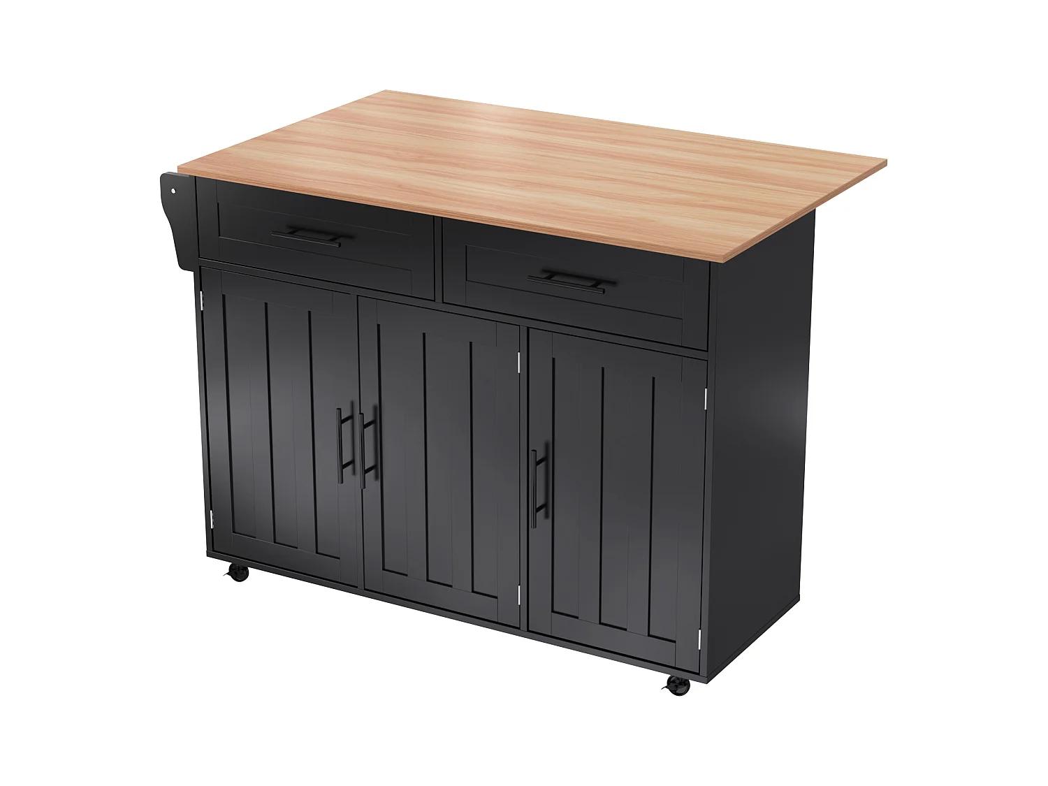 Grand chariot de cuisine, plateau rabattable, 2 tiroirs, roulettes, noir et naturel (L129 x P46 x H91.5 cm)