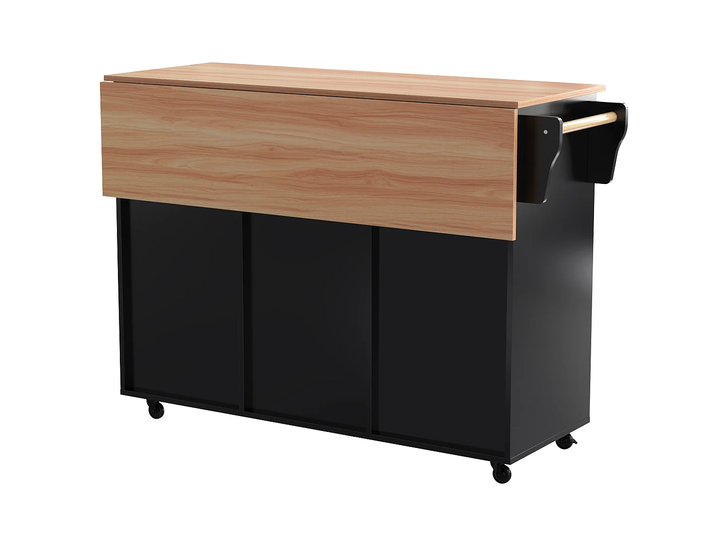 Grand chariot de cuisine, plateau rabattable, 2 tiroirs, roulettes, noir et naturel (L129 x P46 x H91.5 cm)