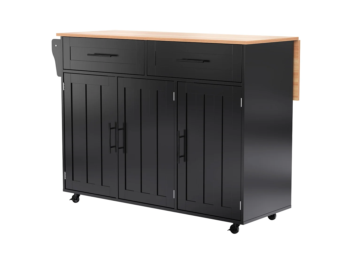 Grand chariot de cuisine, plateau rabattable, 2 tiroirs, roulettes, noir et naturel (L129 x P46 x H91.5 cm)