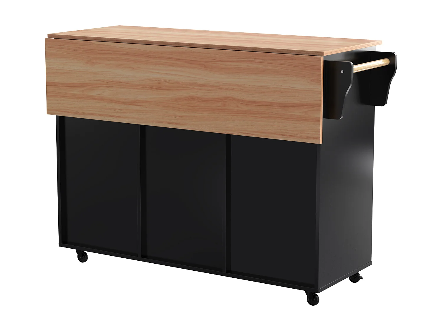 Grand chariot de cuisine, plateau rabattable, 2 tiroirs, roulettes, noir et naturel (L129 x P46 x H91.5 cm)