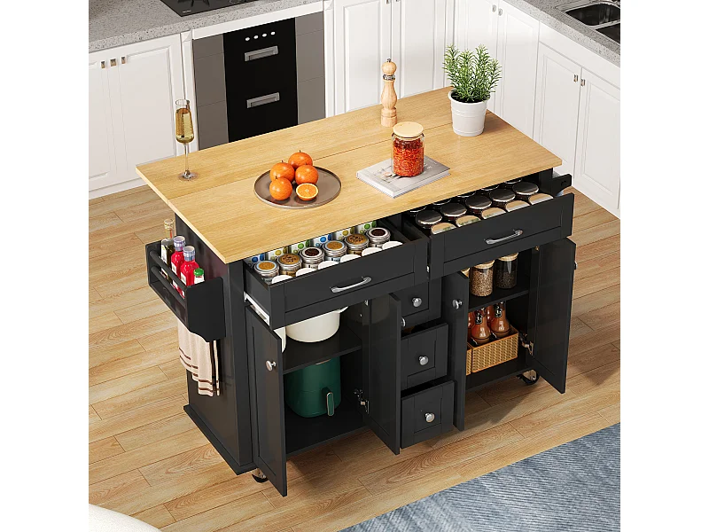 Carrello da cucina multifunzionale, piano di lavoro ribaltabile, 5 cassetti, ripiani, porta spezie, MDF, nero e naturale (140x65x89 cm)