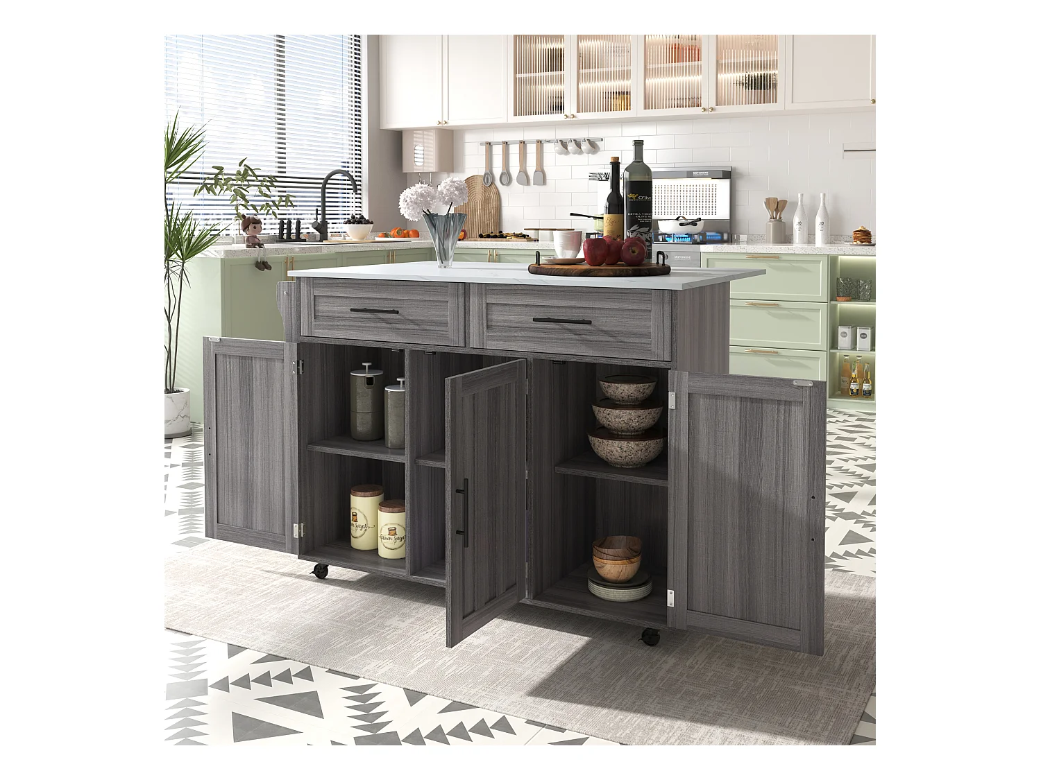 Chariot cuisine, plan bois massif et marbre, design européen, porte, 3 tiroirs, roulettes, pieds bois amovibles (129x46(71)x91.5 cm)