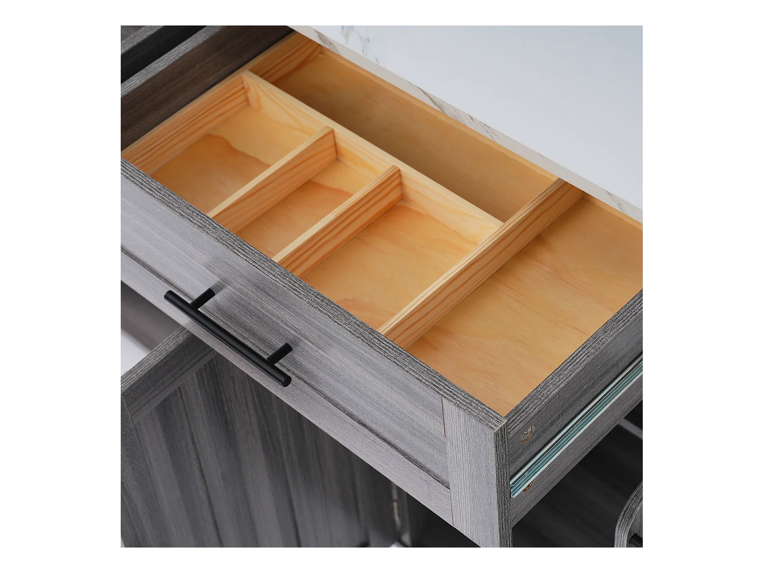 Chariot cuisine, plan bois massif et marbre, design européen, porte, 3 tiroirs, roulettes, pieds bois amovibles (129x46(71)x91.5 cm)