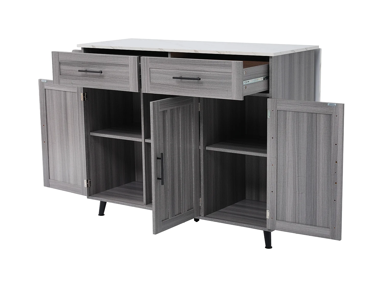 Chariot cuisine, plan bois massif et marbre, design européen, porte, 3 tiroirs, roulettes, pieds bois amovibles (129x46(71)x91.5 cm)