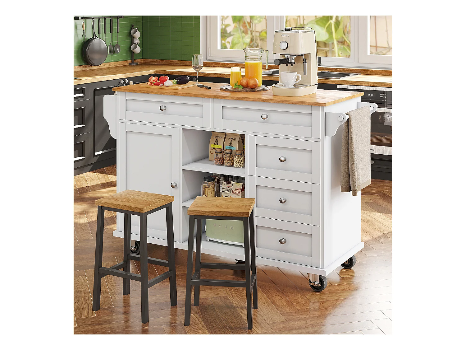 Chariot de cuisine avec 3 étagères de rangement, design moderne, MDF, blanc, 134x46x92 cm