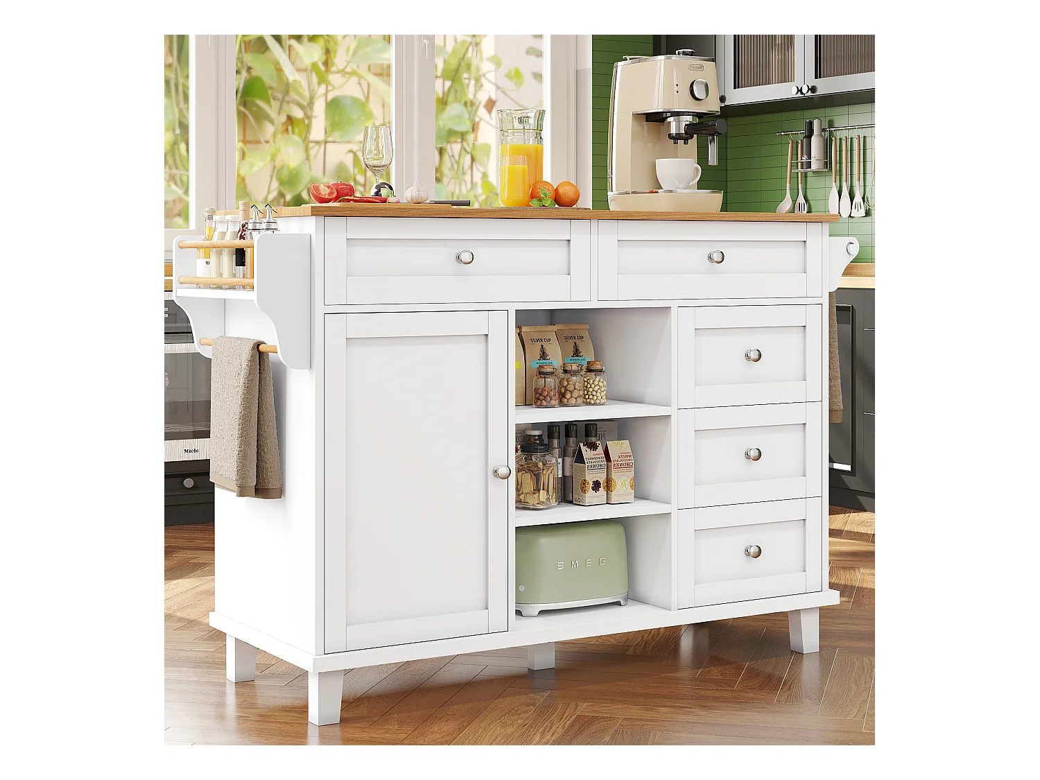 Chariot de cuisine avec 3 étagères de rangement, design moderne, MDF, blanc, 134x46x92 cm