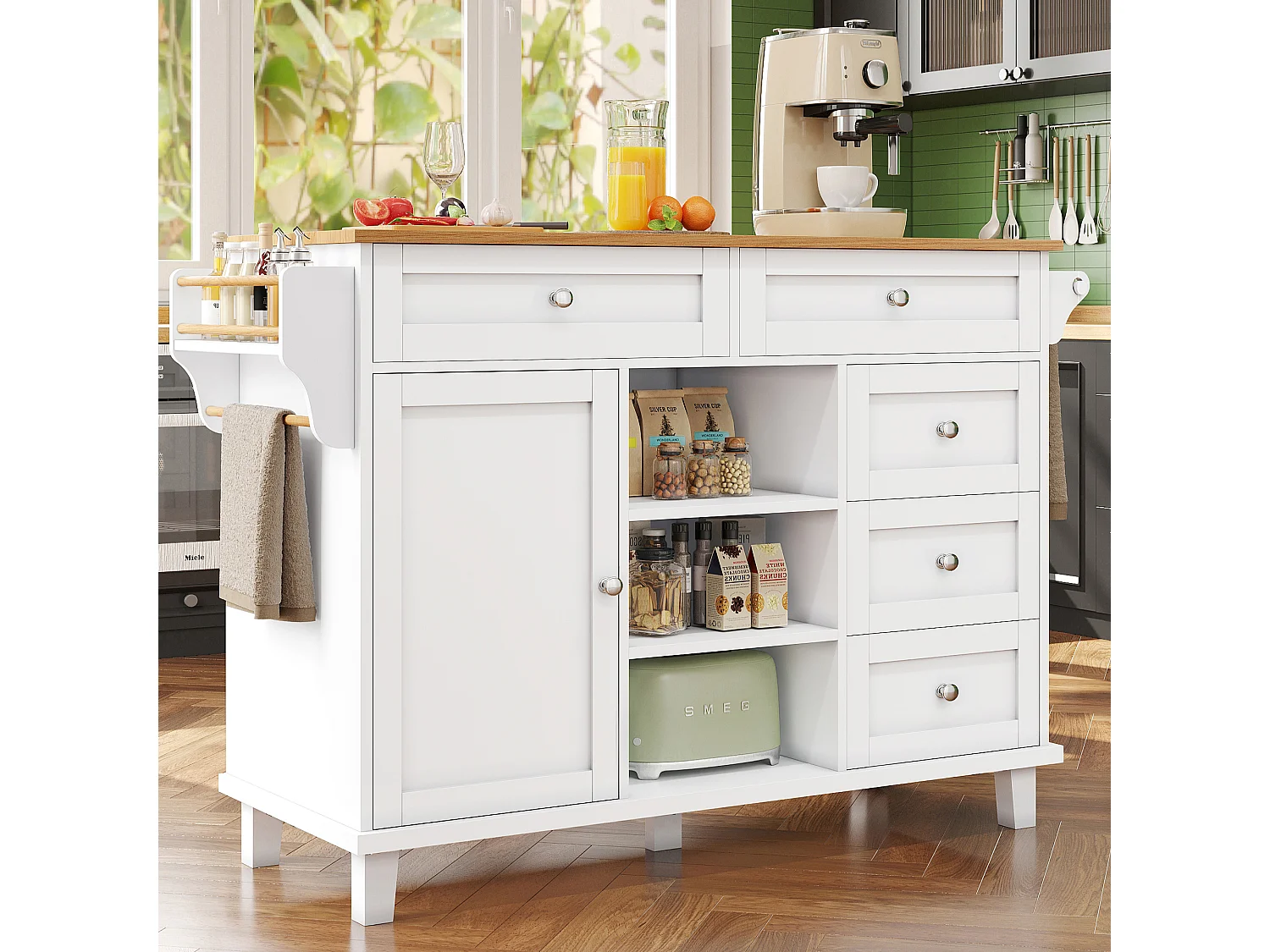 Carrello da cucina con 3 ripiani portaoggetti, design moderno, MDF, bianco, 134x46x92 cm