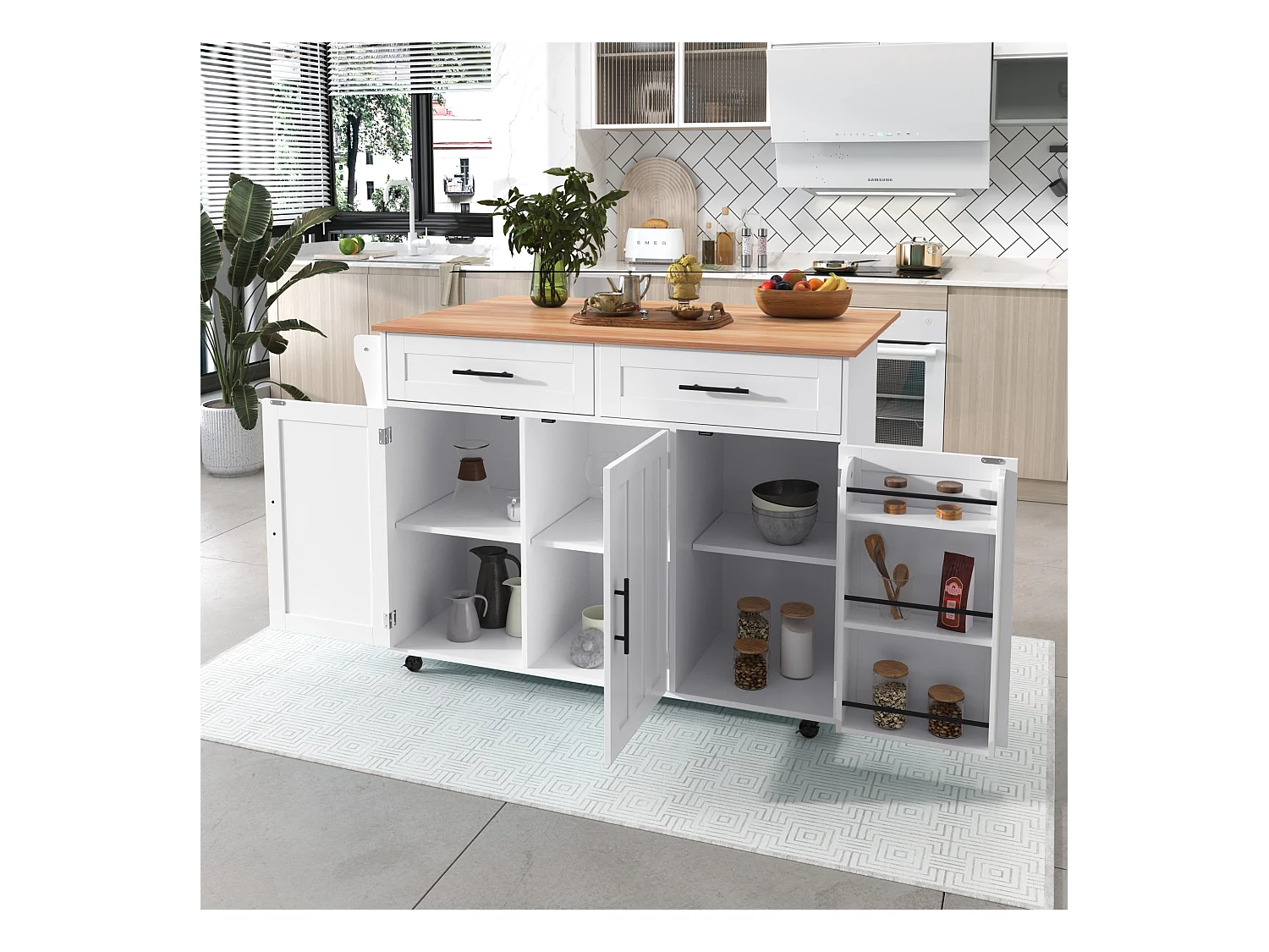 Grand chariot de cuisine avec plateau rabattable, 139x71 cm extensible, rangements, portes, roulettes et pieds bois massif (L139 x P46 x H91.5 cm)