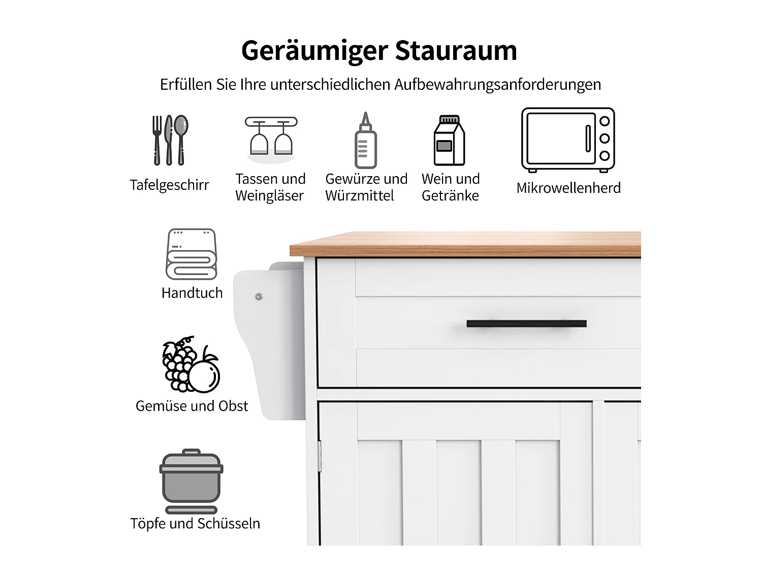 Grand chariot de cuisine avec plateau rabattable, 139x71 cm extensible, rangements, portes, roulettes et pieds bois massif (L139 x P46 x H91.5 cm)