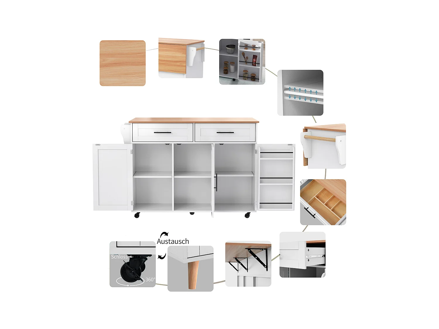 Grand chariot de cuisine avec plateau rabattable, 139x71 cm extensible, rangements, portes, roulettes et pieds bois massif (L139 x P46 x H91.5 cm)