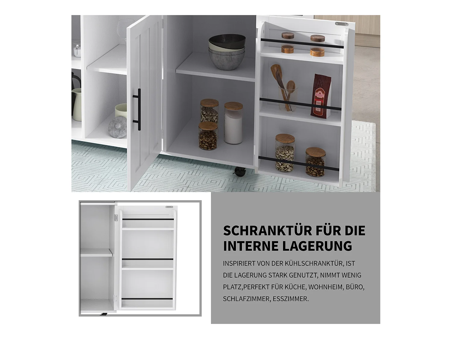 Grand chariot de cuisine avec plateau rabattable, 139x71 cm extensible, rangements, portes, roulettes et pieds bois massif (L139 x P46 x H91.5 cm)