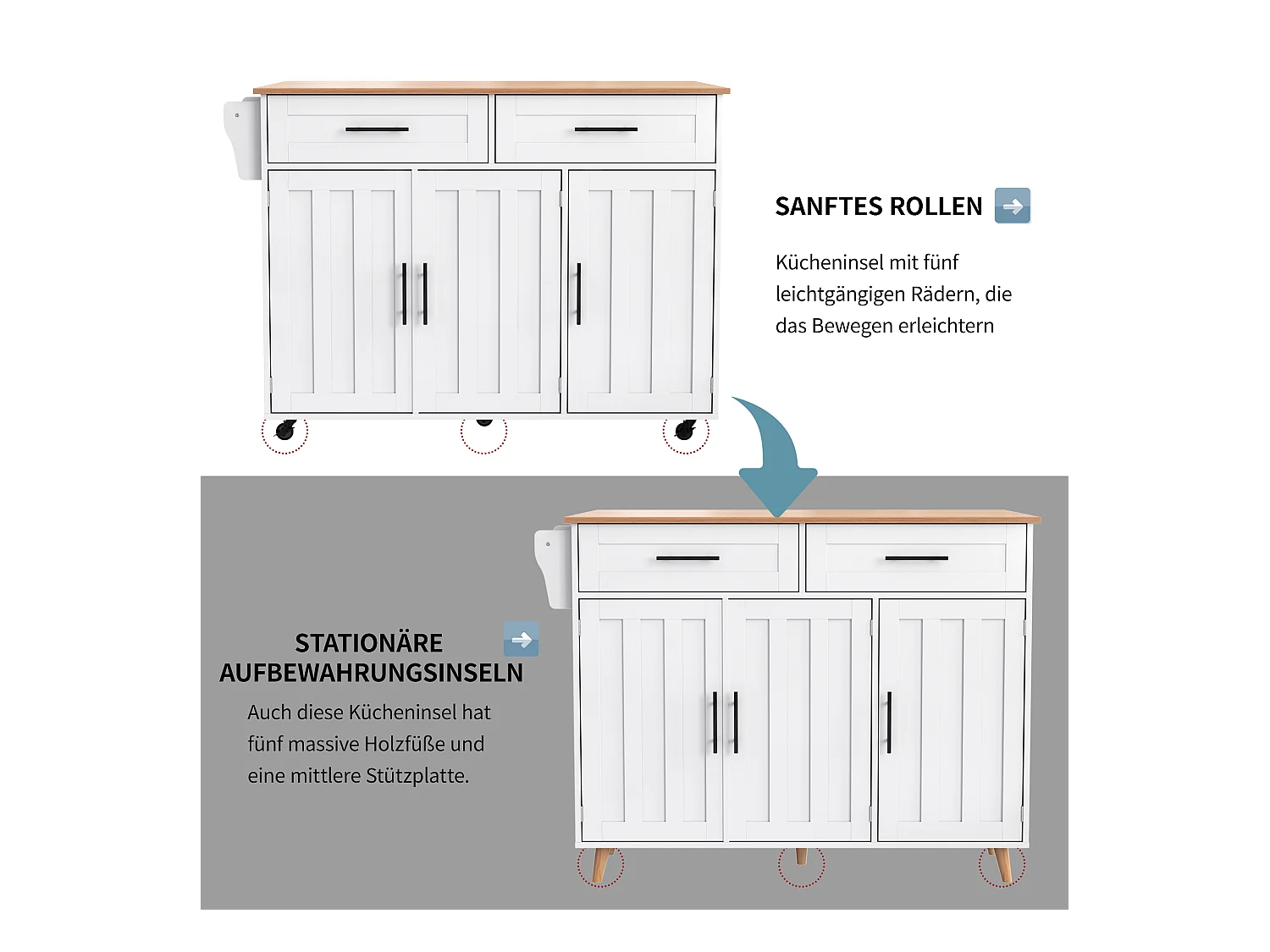 Grand chariot de cuisine avec plateau rabattable, 139x71 cm extensible, rangements, portes, roulettes et pieds bois massif (L139 x P46 x H91.5 cm)