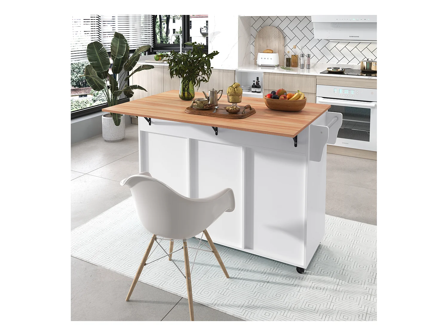 Grand chariot de cuisine avec plateau rabattable, 139x71 cm extensible, rangements, portes, roulettes et pieds bois massif (L139 x P46 x H91.5 cm)