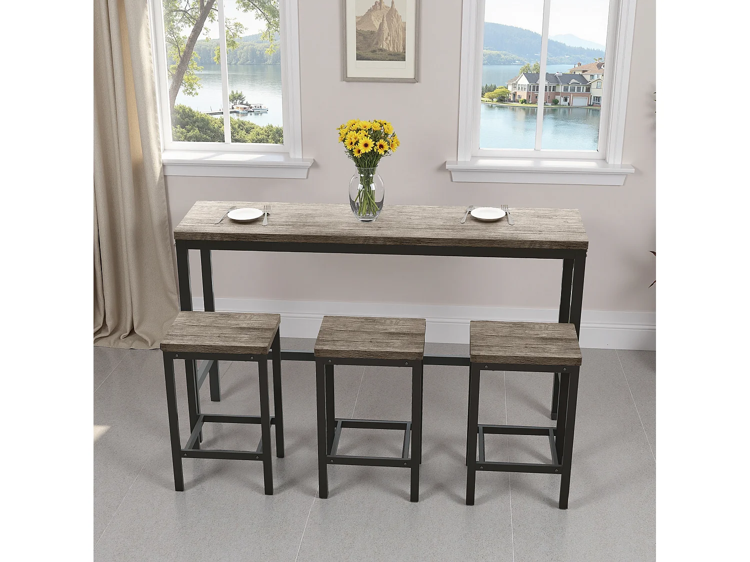 Tavolo da pranzo allungabile, tavolo da bar moderno, MDF, grigio (140/180x70x76,5 cm) con 3 sgabelli