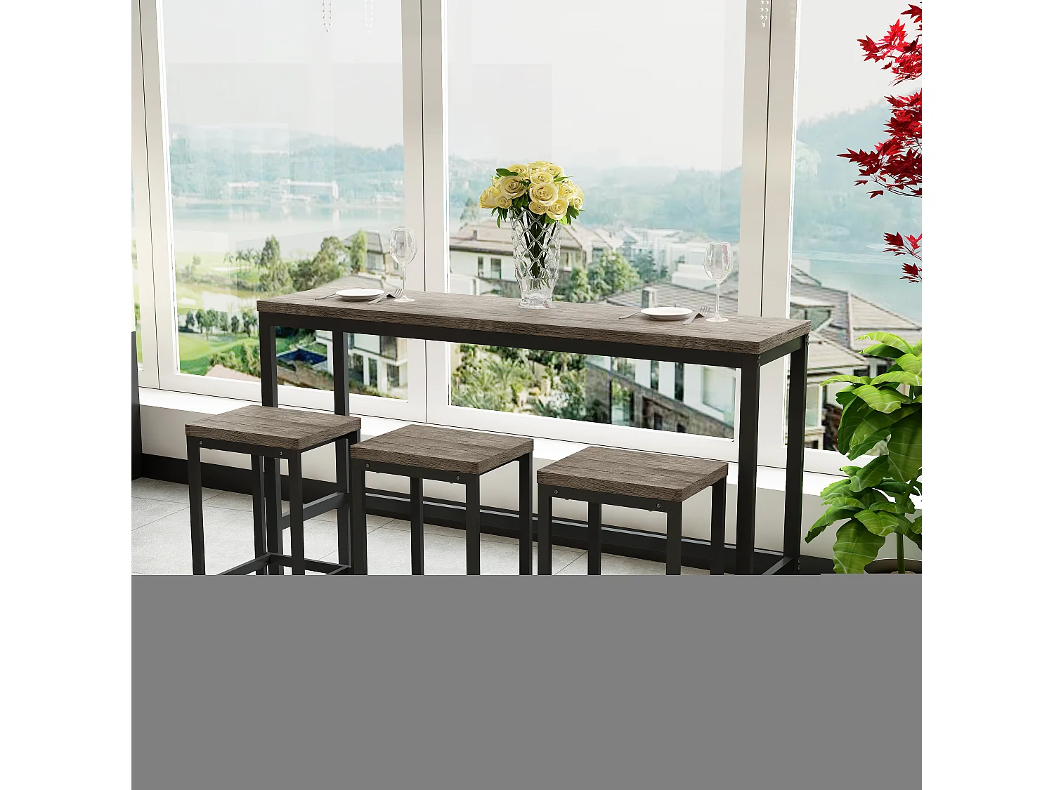 Tavolo da pranzo allungabile, tavolo da bar moderno, MDF, grigio (140/180x70x76,5 cm) con 3 sgabelli