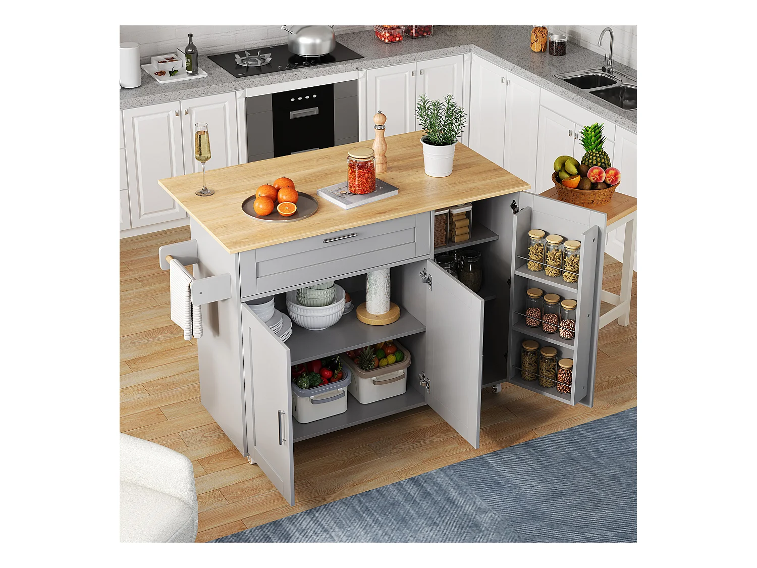 Carrello da cucina mobile, piano ribaltabile, 2 cassetti, ruote, legno naturale e grigio (L132,5 x P44(70) x H90 cm)