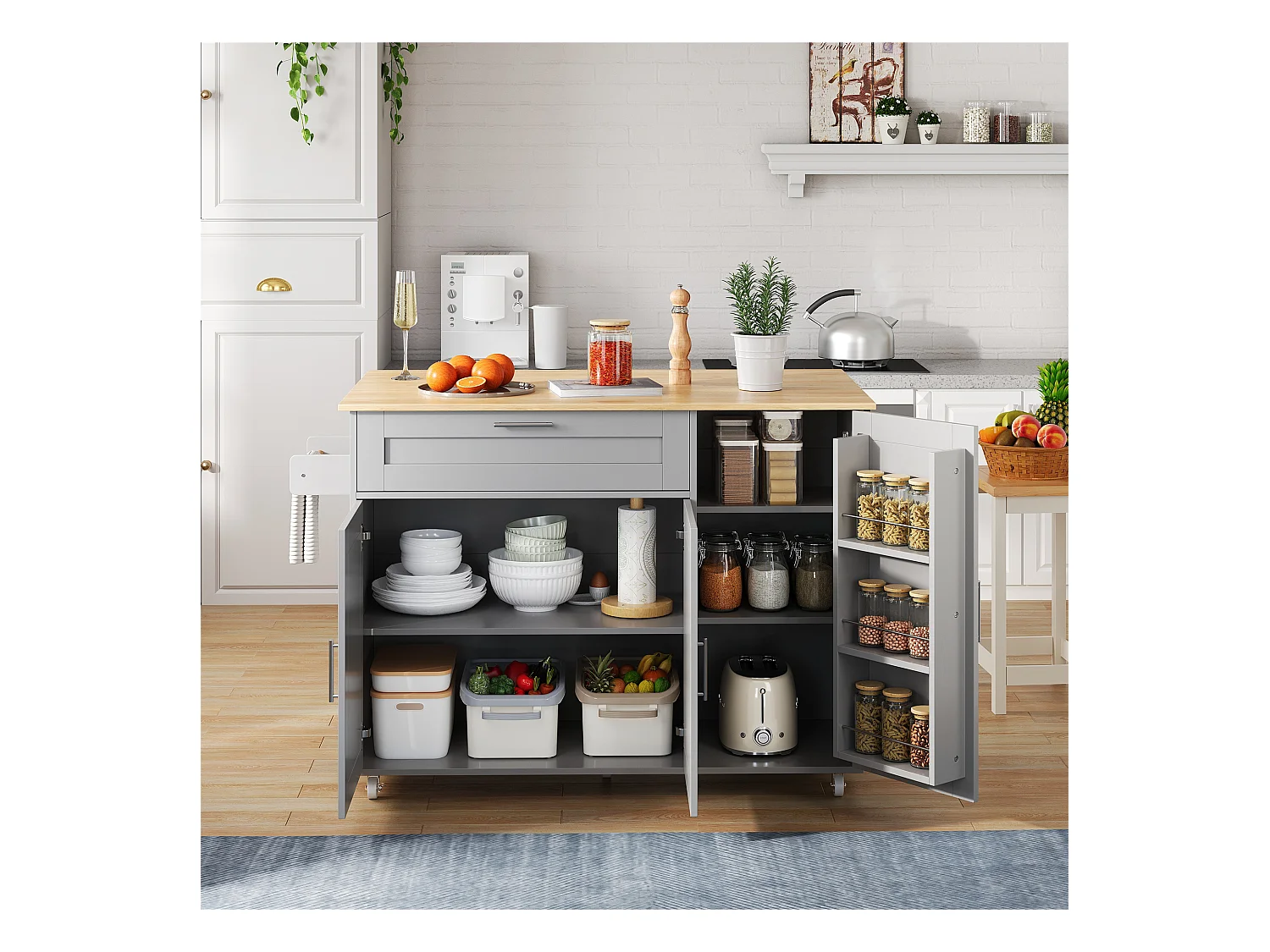 Carrello da cucina mobile, piano ribaltabile, 2 cassetti, ruote, legno naturale e grigio (L132,5 x P44(70) x H90 cm)