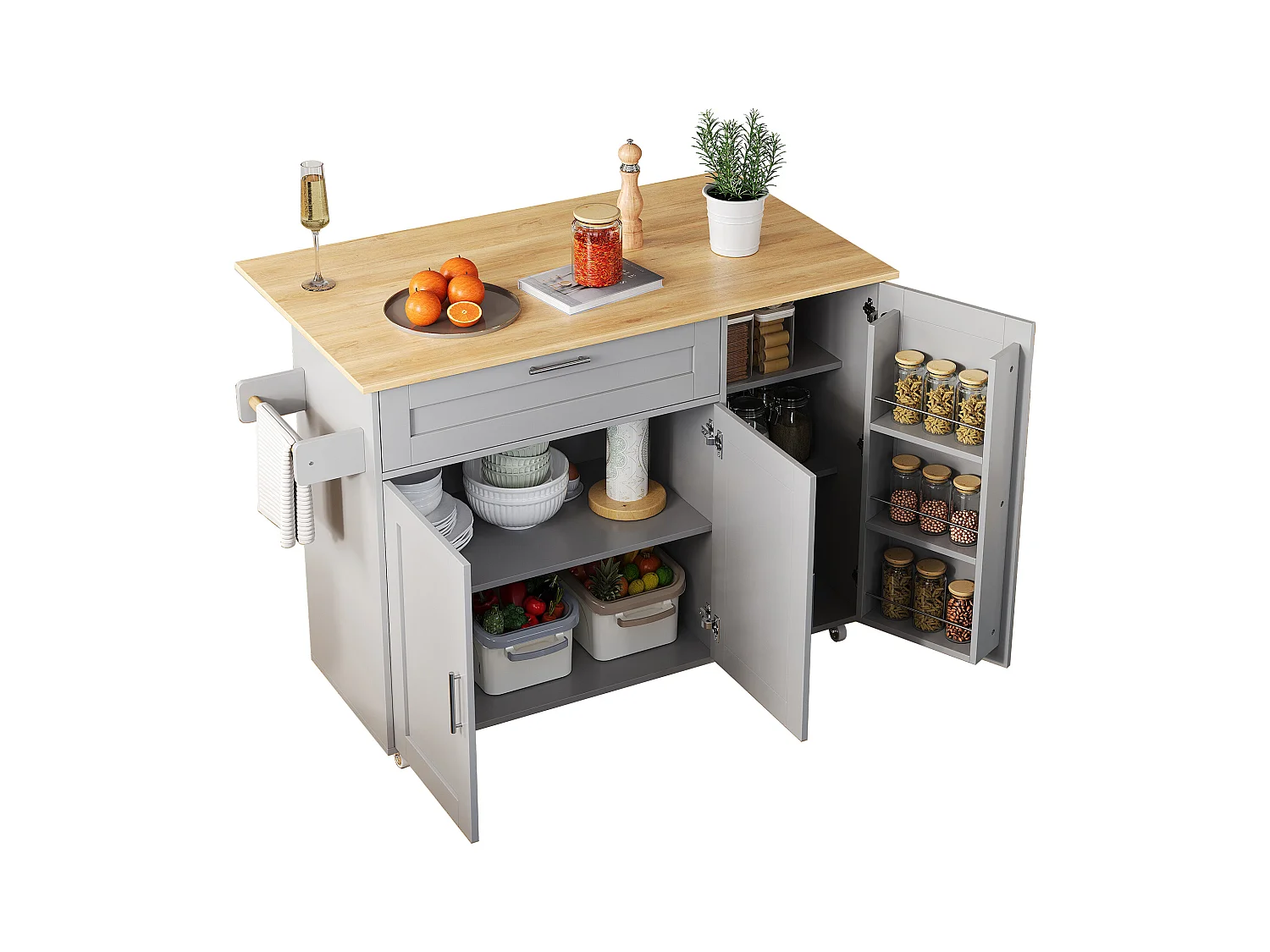 Carrello da cucina mobile, piano ribaltabile, 2 cassetti, ruote, legno naturale e grigio (L132,5 x P44(70) x H90 cm)