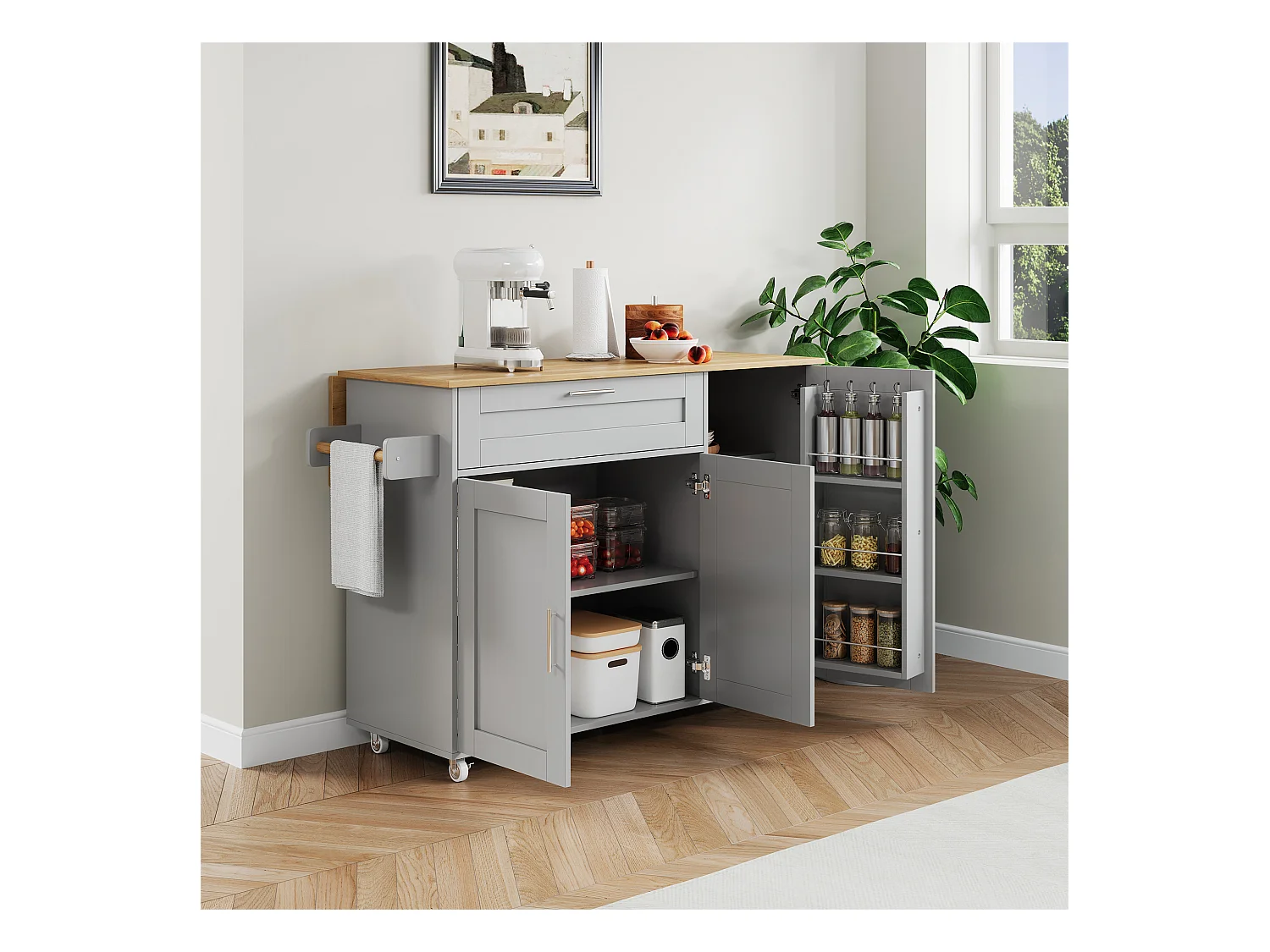 Carrello da cucina mobile, piano ribaltabile, 2 cassetti, ruote, legno naturale e grigio (L132,5 x P44(70) x H90 cm)