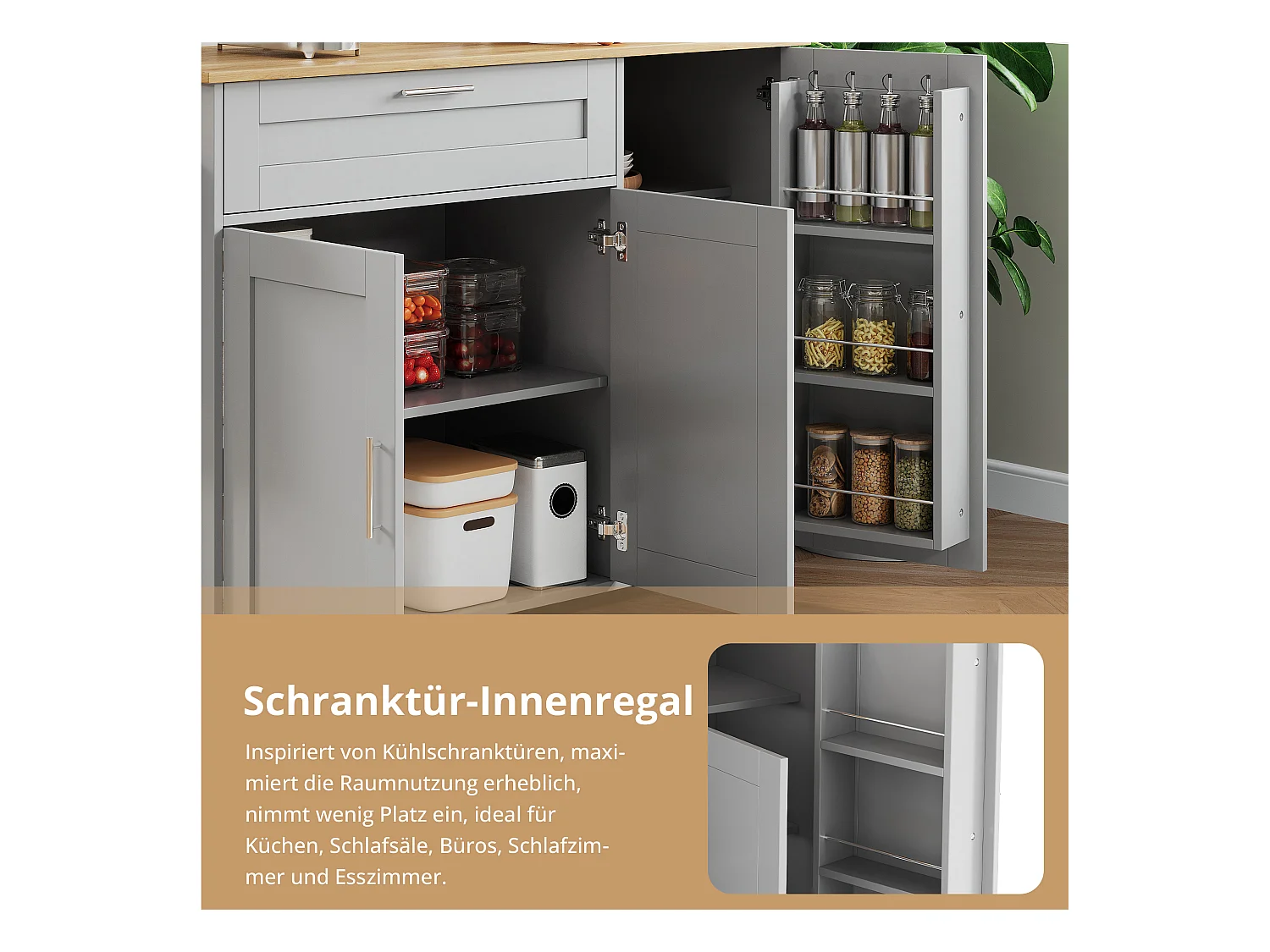 Carrello da cucina mobile, piano ribaltabile, 2 cassetti, ruote, legno naturale e grigio (L132,5 x P44(70) x H90 cm)