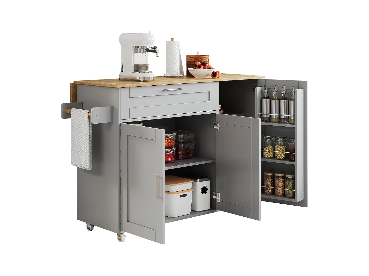 Mobiele keukentrolley, opklapbaar blad, 2 lades, wielen, naturel en grijs hout (L132,5 x D44(70) x H90 cm)