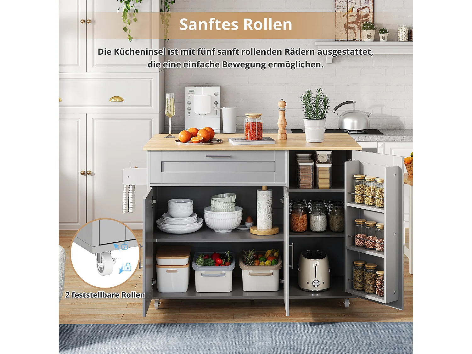 Mobiele keukentrolley, opklapbaar blad, 2 lades, wielen, naturel en grijs hout (L132,5 x D44(70) x H90 cm)