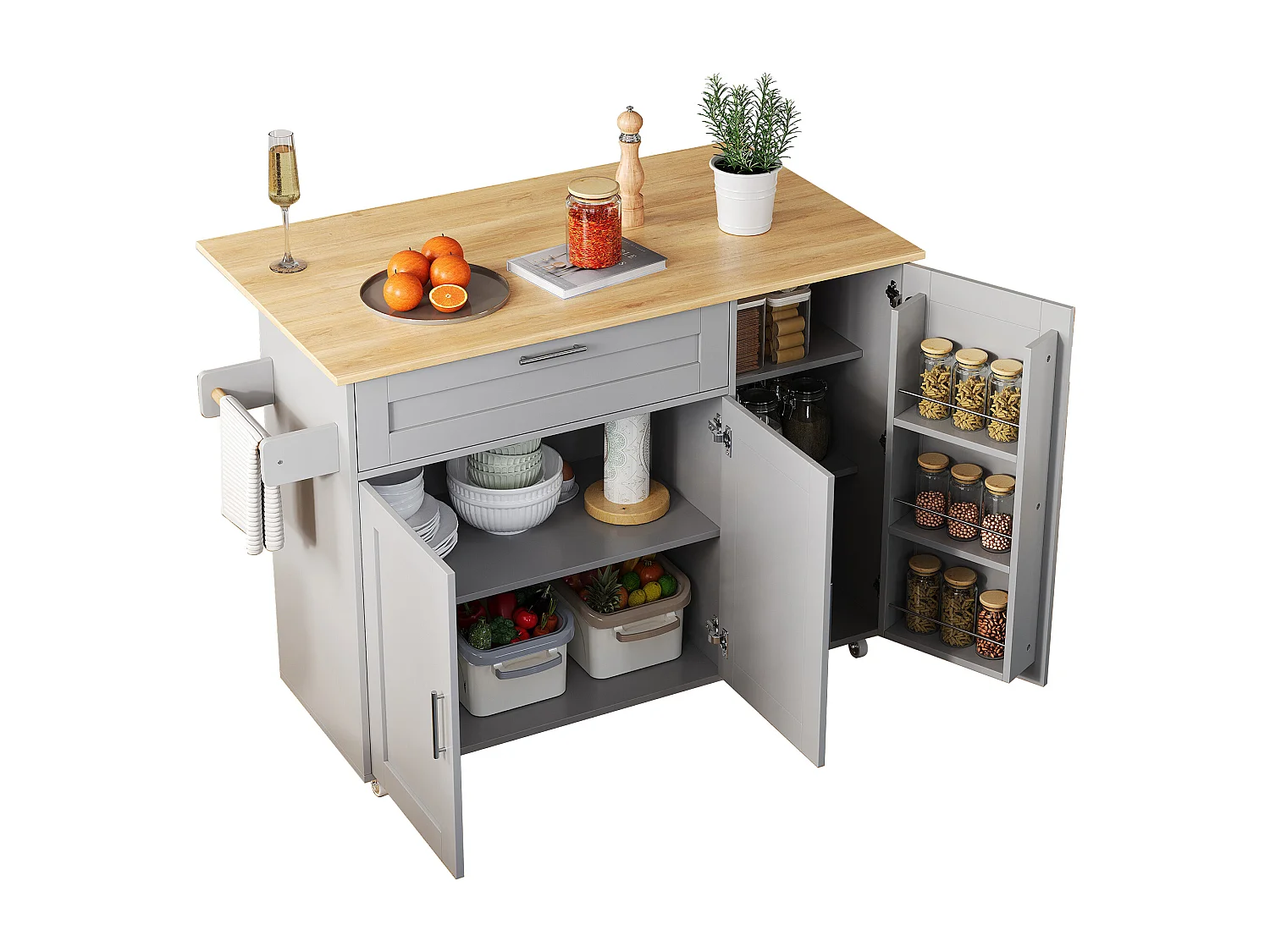Chariot de cuisine mobile, plateau rabattable, 2 tiroirs, roulettes, bois naturel et gris (L132.5 x P44(70) x H90 cm)