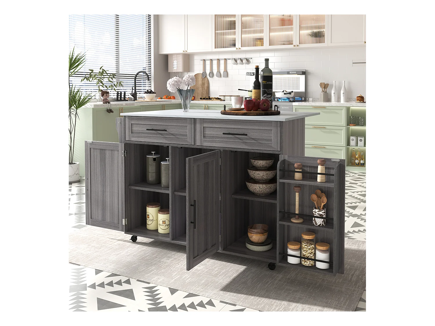 Chariot cuisine/Sideboard, plateau marbre blanc, extensible, portes rangement, roulettes, pieds bois interchangeables (129x46(71)x91.5 cm)