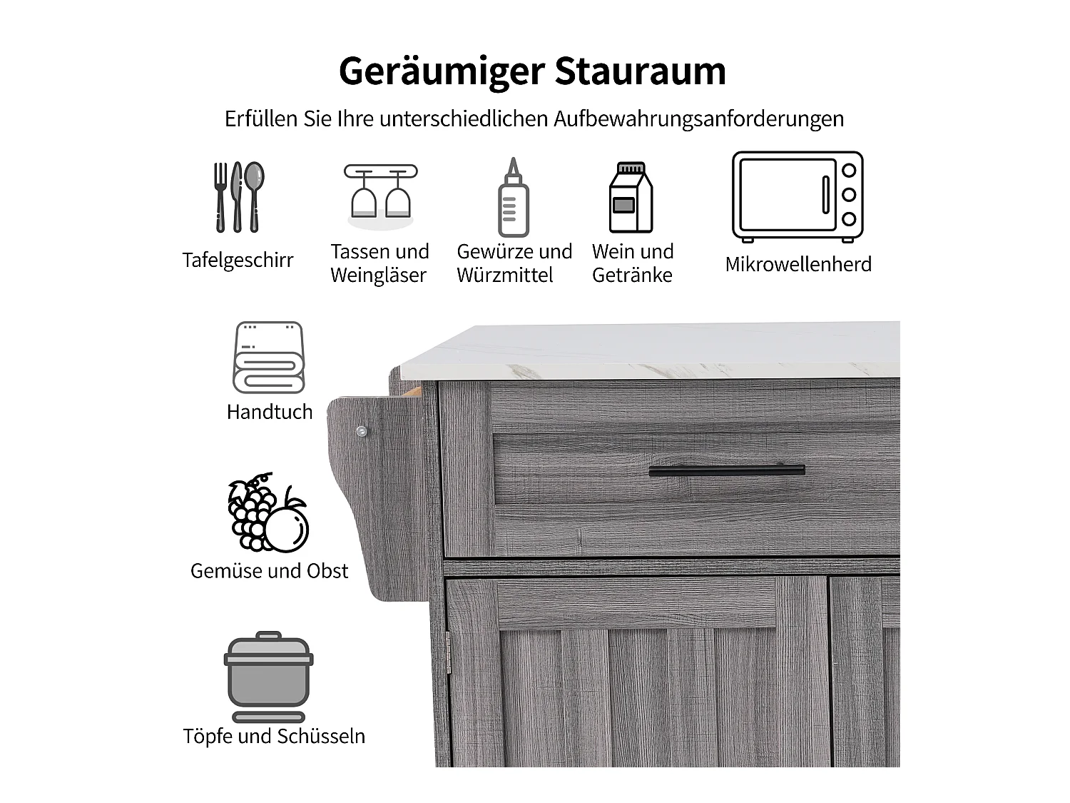 Chariot cuisine/Sideboard, plateau marbre blanc, extensible, portes rangement, roulettes, pieds bois interchangeables (129x46(71)x91.5 cm)