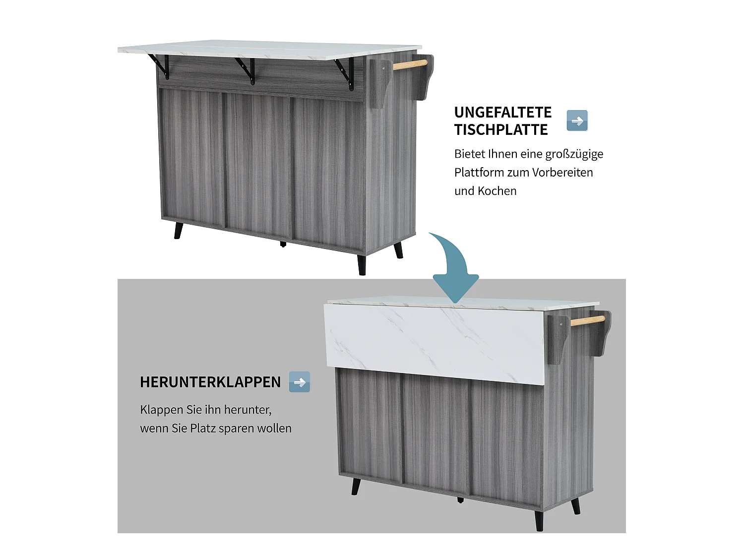 Chariot cuisine/Sideboard, plateau marbre blanc, extensible, portes rangement, roulettes, pieds bois interchangeables (129x46(71)x91.5 cm)