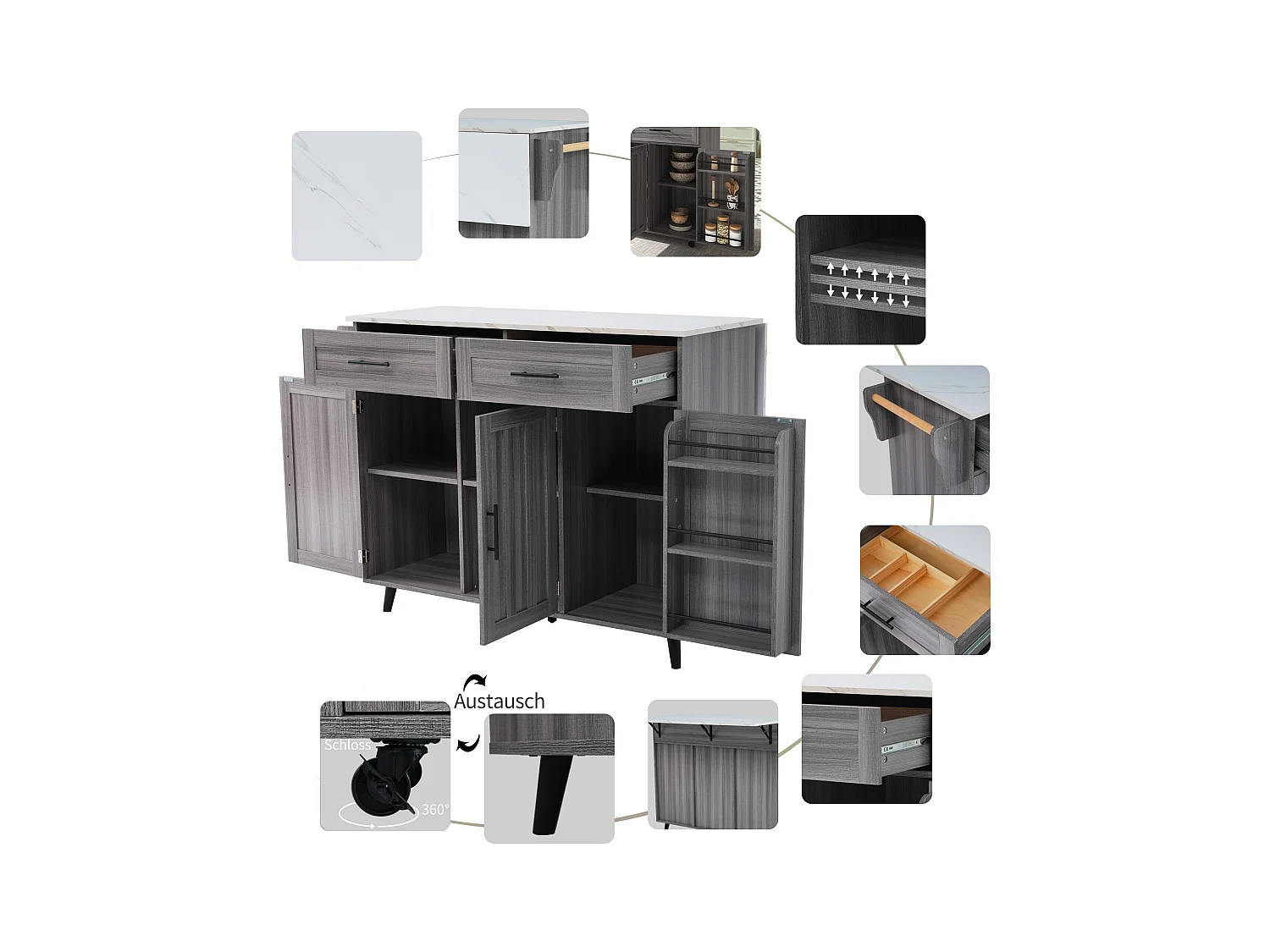 Chariot cuisine/Sideboard, plateau marbre blanc, extensible, portes rangement, roulettes, pieds bois interchangeables (129x46(71)x91.5 cm)