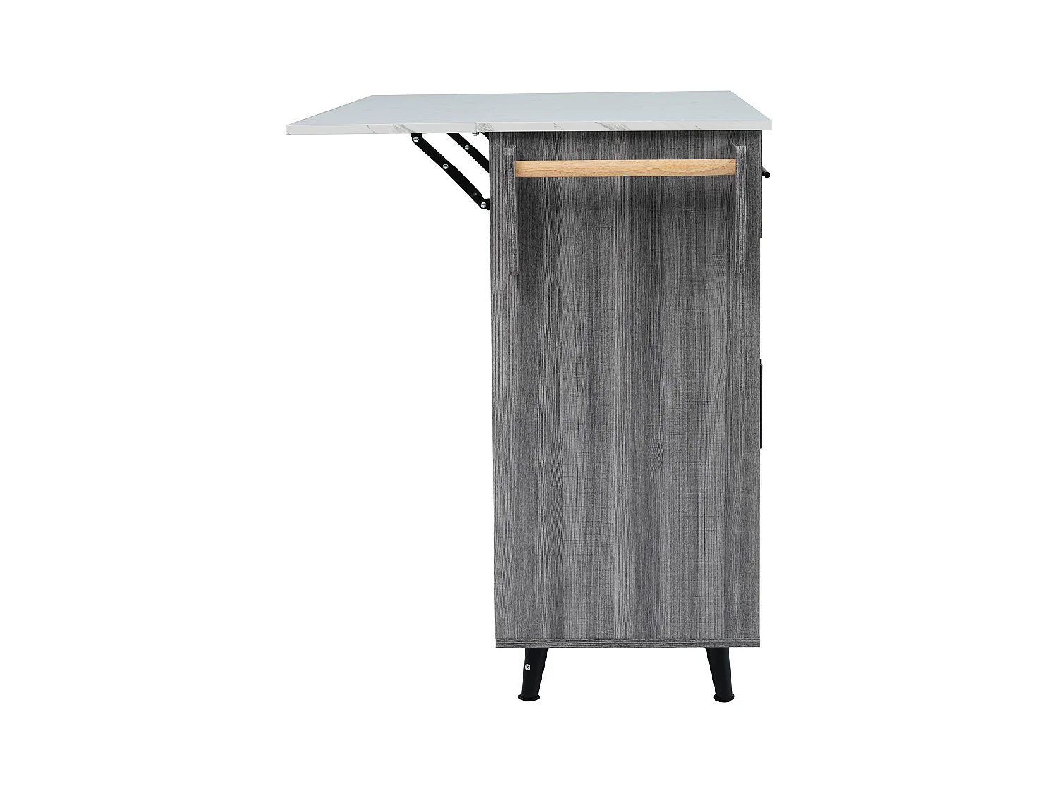 Chariot cuisine/Sideboard, plateau marbre blanc, extensible, portes rangement, roulettes, pieds bois interchangeables (129x46(71)x91.5 cm)