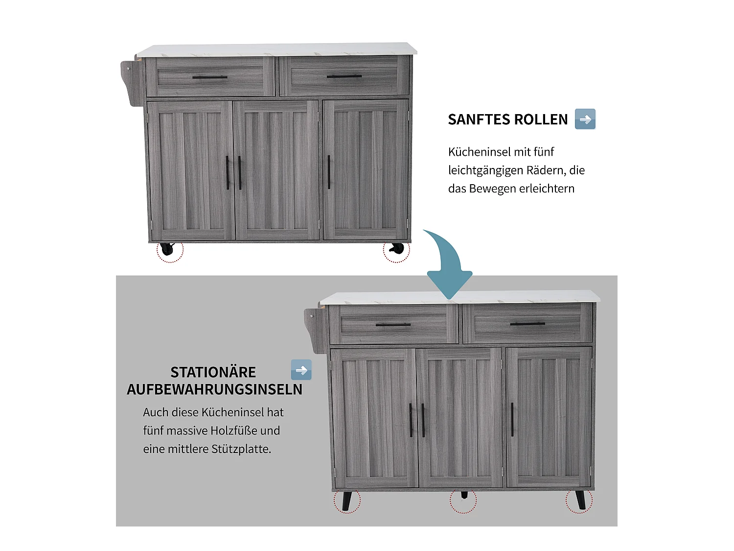Chariot cuisine/Sideboard, plateau marbre blanc, extensible, portes rangement, roulettes, pieds bois interchangeables (129x46(71)x91.5 cm)