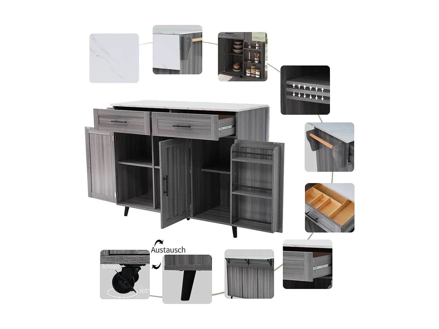 Chariot cuisine/Sideboard, plateau marbre blanc, extensible, portes rangement, roulettes, pieds bois interchangeables (129x46(71)x91.5 cm)